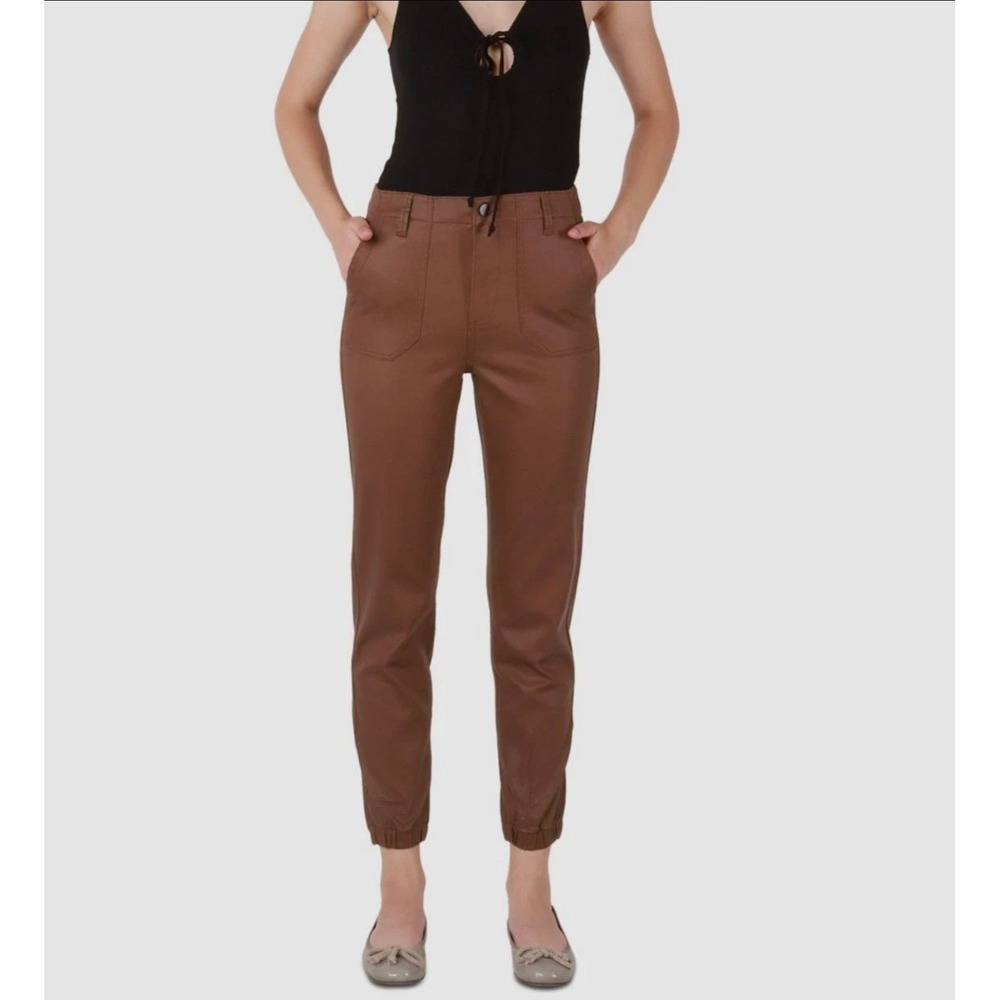 Black Tape Coated Leather Jogger Pants Women 29 Brown Utility Elastic Cuff Modal